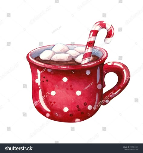 Hand drawn watercolor illustration set of red mug with hot chocolate, marshmallows and candy cane isolated on white. Christmas and winter holidays Royalty free image illustration Xmas Hot Chocolate, Hot Chocolate Drawing, Chocolate Drawing, Hot Chocolate Marshmallows, Chocolate Marshmallows, Red Mug, Christmas Drawing, Dessin Adorable, Noel Christmas