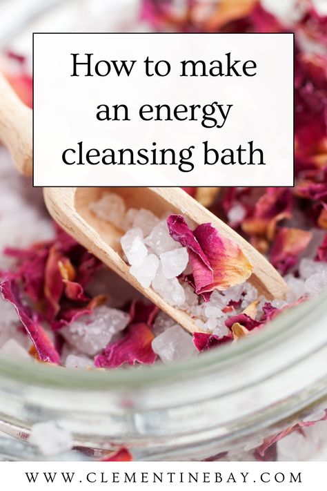 Click here to learn how to make an energy cleansing bath. | Spiritual bath recipe | How to make a spiritual bath | Spiritual cleansing bath Bath Tub Self Care Aesthetic, Cleansing Salt Bath Ritual, Healing Bath Spell, Self Love Bath Salts, Spiritual Cleansing Bath Ritual, Cleopatra Milk Bath Recipe, Spiritual Baths Cleanse, Bath Rituals Witch Recipes, Bath Ideas Relaxing Diy Spa