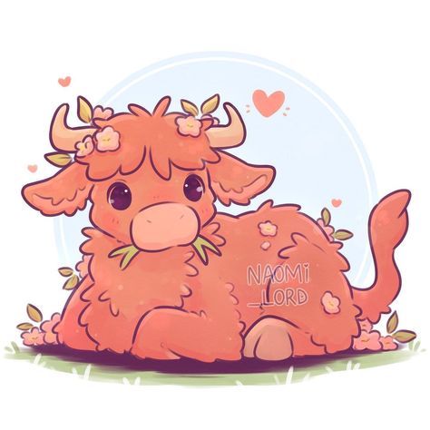 Kawaii Cows, Naomi Lord Art, Naomi Lord, Cow Illustration, Highland Cow Art, Cow Drawing, Fluffy Cows, Cartoon Cow, Art Kawaii