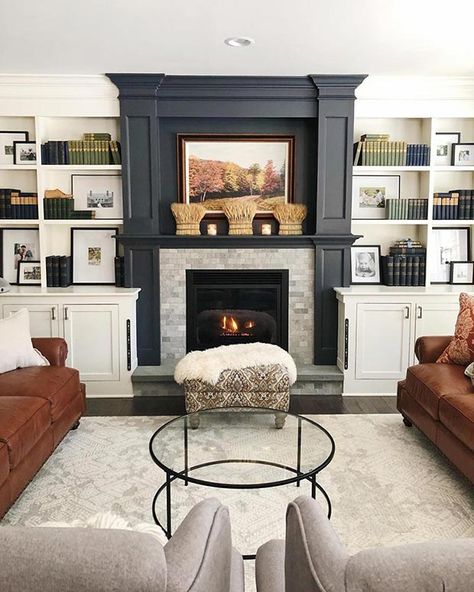 Sw Cyberspace, Grey Painted Fireplace, Painted Fireplace Mantels, Bookshelf Fireplace, Fireplace Accent Walls, Grey Fireplace, Fireplace Bookshelves, Paint Fireplace, Black Fireplace