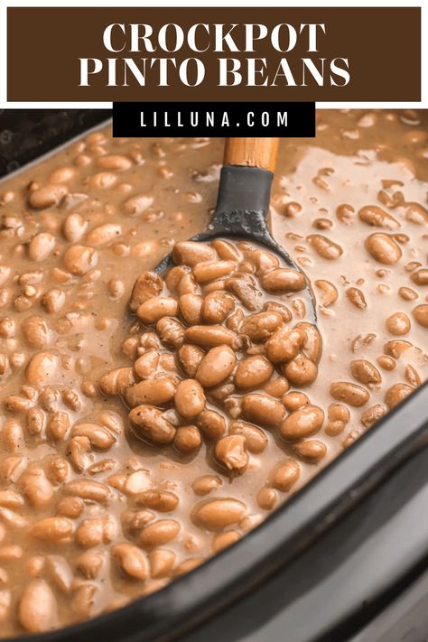 Nutrient-rich pinto beans are cooked to perfection. These make a great meal or a tasty side dish to any of your Mexican dishes. #pintobeans #mexicanpintobeans #perfectpintobeans #beans #mexicanfood Southern Soup Beans In Crock Pot, Mexican Pinto Beans Crockpot, Easy Pinto Beans In The Crock Pot, Crockpot Brown Beans, Brown Beans In Crockpot, Crock Pot Pinto Beans Slow Cooker, Dry Pinto Beans Recipe, Crockpot Beans Pinto, Crockpot Pinto Beans No Soak