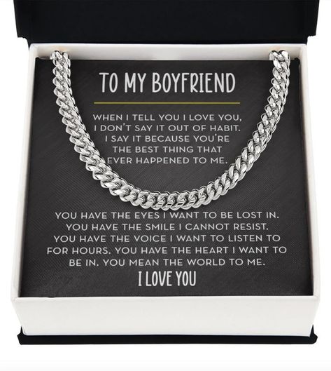 This Boyfriend Necklace is a modern chain link necklace that is perfect as a gift for him for Valentine's Day, your Anniversary, his Birthday, or any special occasion to say "I love you!". Give your Boyfriend this Chain Link Necklace as a way to show your commitment and belief in the relationship. Give him a high-quality stainless steel chain link necklace that he can wear for years to come. This perfectly weighted necklace will be a staple piece in his wardrobe. Promise Chain For Him, Promise Necklace For Boyfriend, Stainless Steel Chain Link Necklace, Necklace For Boyfriend, Teen Boyfriend, Boyfriend Boyfriend, Boyfriend Necklace, Boyfriend Valentines, Promise Necklace