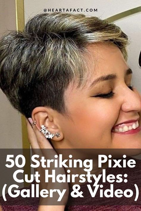 50 Striking Pixie Cut Hairstyles: Short and Chic (Gallery & Video) | 50 Stunning & Aesthetic Pixie Cut Hairstyles to achieve that Chic Look | Hairstyles For Short Hair- Wavy, Curly, Straight, Medium, Punk, and More Pixie Cut 90s, Short Pixie Hair Styles, Dark Brown Hair Short, Pixie Hair Styles, French Pixie, Boho Short Hair, Funky Pixie Cut, 90s Pixie Cut, Medium Fade Haircut