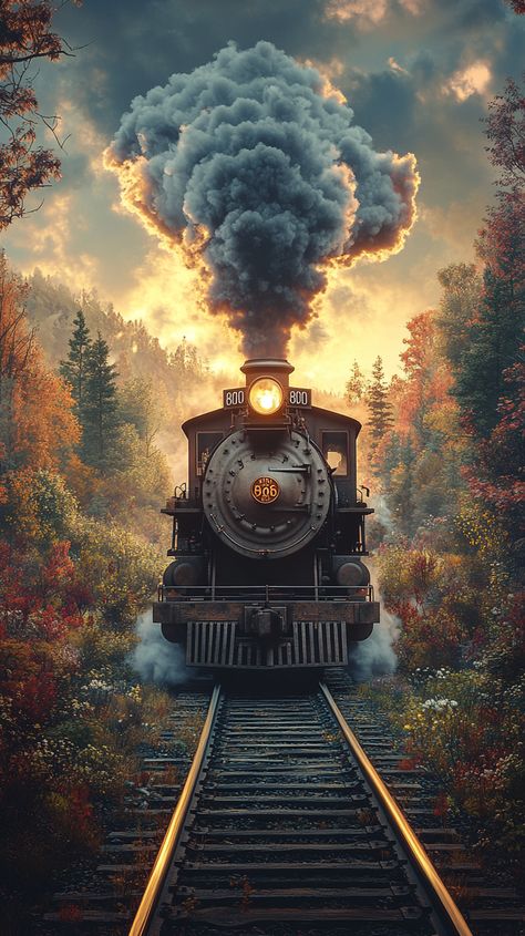 🚂✨ Experience the thrill of history with this stunning view of a steam locomotive racing along the Transcontinental Railroad! The billowing smoke adds a dramatic touch, while vibrant colors capture the excitement of this revolutionary mode of transportation. 🌈⚡️ Shot in photorealistic 8k quality with natural lighting and intricate details, this masterpiece brings the past to life. Get ready to feel the rush! 🌍💨 #TranscontinentalRailroad #SteamLocomotive #Photography #TravelThroughTime... Train Artwork, Train Images, Apocalypse Landscape, Steam Trains Photography, Transcontinental Railroad, Train Wallpaper, Dramatic Sunset, Train Drawing, Railroad Art