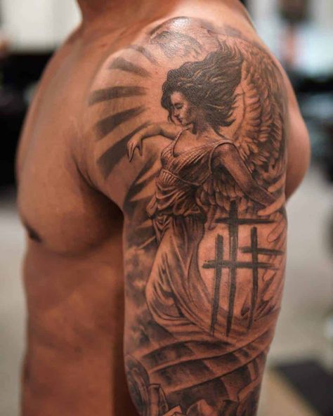 Angels come in many shapes and sizes, origins and imagined appearances. Each variety carries deep significance both to the public and to the individual. Angel Tattoo Men Shoulder, Angel Shoulder Tattoo Men, Shoulder Sleeve Tattoo Men, Best Shoulder Tattoos Men, Angel Tattoo Meaning, Upper Shoulder Tattoo, Angel Sleeve Tattoo, Cool Half Sleeve Tattoos, Heaven Tattoos