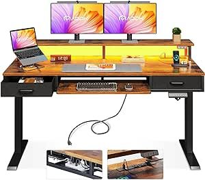 AODK Electric Standing Desk with 2 Drawers & Keyboard Tray and USB & LED Lights, 55inch Rustic Brown, Height Adjustable Desk with Power Outlets & LED Lights, Stand Up Desk with Monitor Shelf Standing Desk Height, Height Adjustable Desk, Computer Desks For Home, Office Time, Hide Cables, Electric Standing Desk, Standing Table, Stand Table, Keyboard Tray