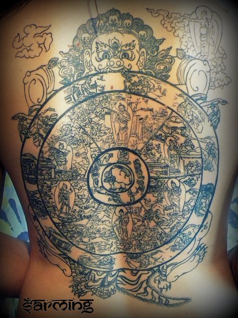 Bhavacakra with cloud Swástika Wheel Of Samsara Tattoo, Samsara Tattoo, Men's Tattoos, Wheel Tattoo, Buddhist Art, Compass Tattoo, Polynesian Tattoo, Maquillaje De Ojos, Tattoos For Guys