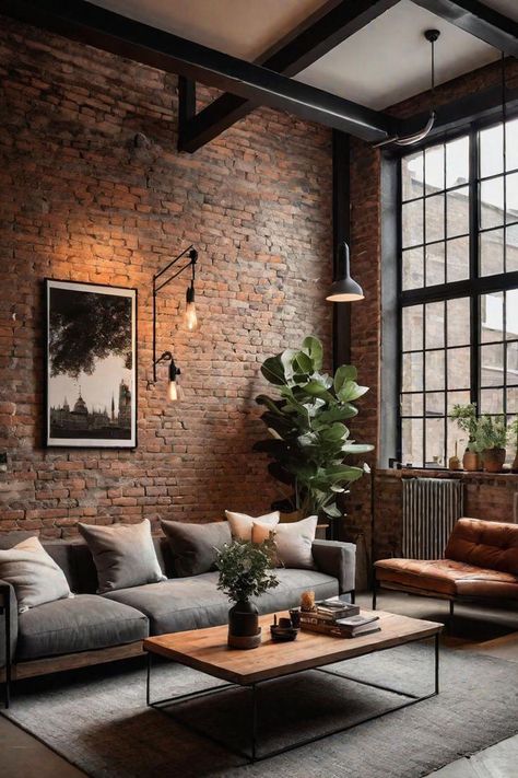 Living Room Decor Brick Wall, Rugs For Industrial Living Room, Rustic Modern Industrial Decor, Industrial Home Design Living Room, Industrial Modern Office Design, Modern Industrial Decor Living Room, Modern Urban Interior Design, Industrial Modern Living Room, Warm Industrial Living Room