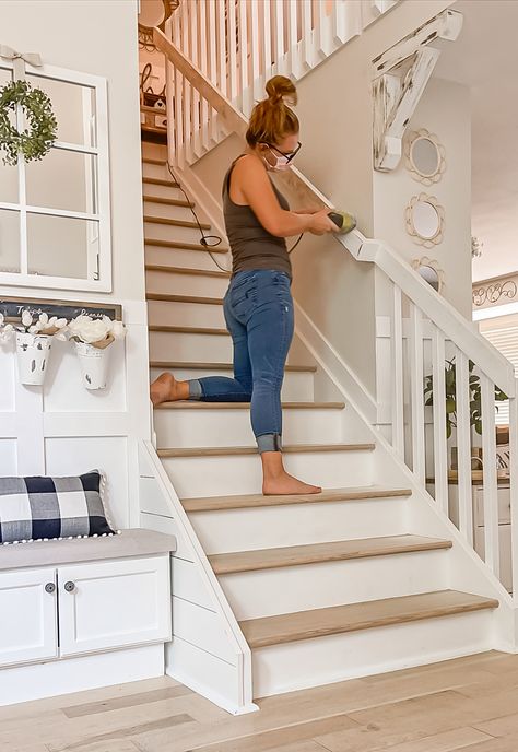 Staircase Banister Makeover Entry With Stairs, Banister Makeover, White Banister, Banister Remodel, Wood Banister, Oak Banister, Staircase Banister, Farmhouse Staircase, Stair Railing Ideas