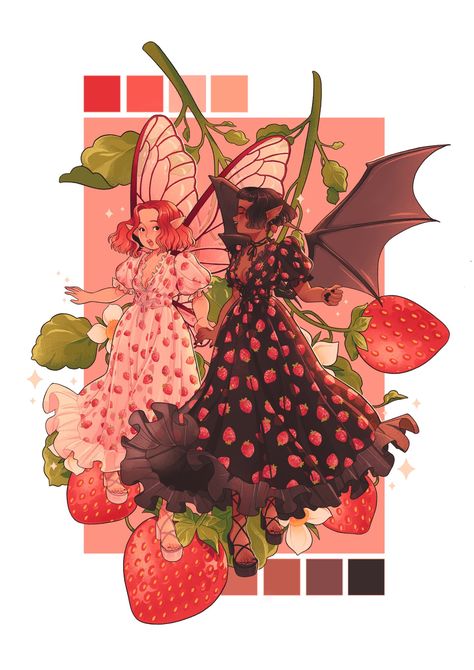 Lanajay Art, Strawberry Dresses, Bat Girl, Artsy Aesthetic, Goth Fairy, Strawberry Dress, Animation Sketches, Lgbt Art, Halloween Inspo