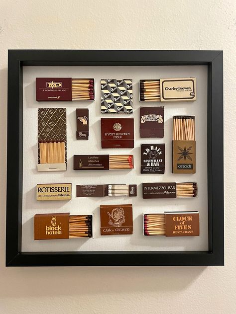 Vintage Matchbook Artwork in Shadowbox Art Shadow, Melbourne Hotel, Vintage Matchbooks, Diy Wood Pallet Projects, Souvenir Art, Matchbook Art, Shadow Box Art, Wood Pallet Projects, Manhattan Beach