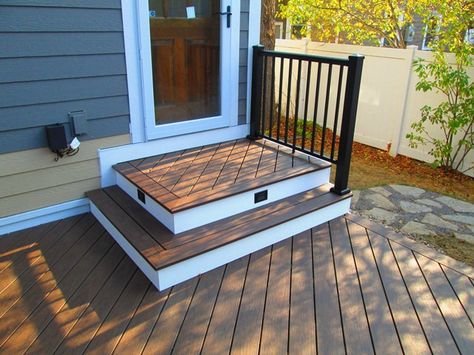 TimberTech Decking  Deck Lighting  Minneapolis MN Front Steps Composite Decking, Small Deck Steps With Landing, Front Door Platform Step, Deck Corner Stairs, Back Door Deck Ideas, Diy Deck Steps, Back Patio Stairs, Small Side Deck, Deck Steps With Landing