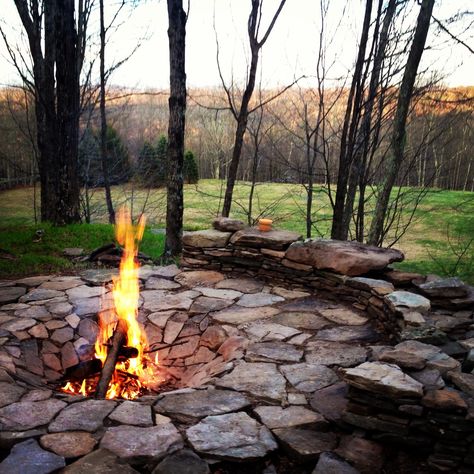 Catskills custom stonework sunken firepit glamping Swiss hill jeffersonville ny callicoon center ny Glamping, Trees, Firepit, A Fire, In The Middle, Fire Pit, The Middle