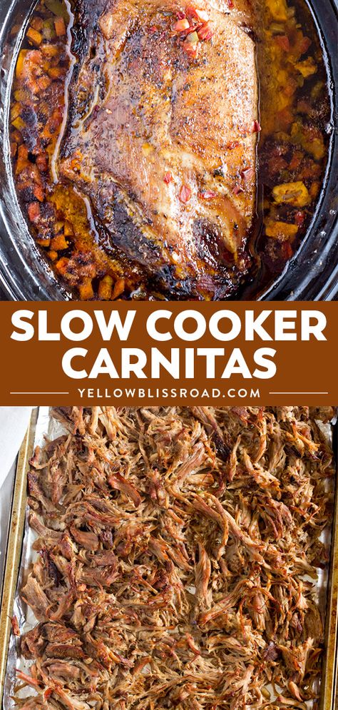 Slow Cooker Carnitas Recipe - Great for carnitas tacos, burritos, nachos and more. The little trick at the end gets the carnitas nice and crispy with no frying! via @yellowblissroad Carnitas Slow Cooker, Carnitas Crockpot, Crockpot Carnitas, Slow Cooker Carnitas, Pork Carnitas Slow Cooker, Carnitas Tacos, Carnitas Recipe, Tacos Burritos, Healthy Crockpot Recipes