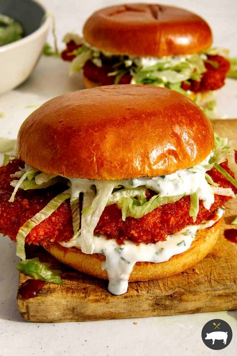 A Delicious Baked Nashville Hot Chicken Sandwich with Honey that is easy to make, just as delicious, but healthier than fried version! We guarantee everyone will absolutely love this mouthwatering sandwich! #recipe #hotchickensandwich #sandwich #hotchicken Baked Nashville Hot Chicken, Nashville Hot Chicken Sandwich, Nashville Chicken, Hot Chicken Sandwiches, Spoon Fork Bacon, Nashville Hot Chicken, Nashville Hot, Hot Sandwich, Chicken Breast Seasoning