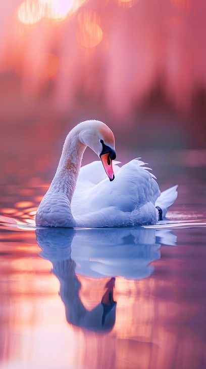 In this captivating scene, a solitary swan swims gracefully on a mirror-like lake as the sun sets, casting a warm, purple glow across the scene. The calm waters perfectly reflect the swan's elegant form and the subtle ripples around it add a sense of gentle motion. This peaceful moment is a stunning representation of nature’s serene beauty, inviting viewers to pause and reflect on the tranquility of the natural world. Swan In Lake Painting, Swan Swimming, Swan In Water Painting, Swans Swimming, Swan Landing On Water, Swans In A Pond, Sunrise Lake, Beautiful Swan, Lake Sunset