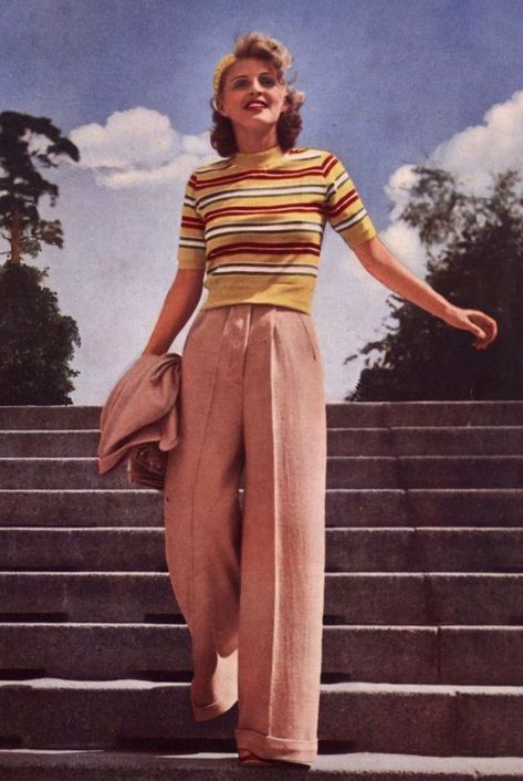 1930s Trousers, 50s Outfit, 1930s Outfits, 40s Mode, 40s Outfits, Diy Outfits, Fair Isles, 30s Fashion, 20th Century Fashion