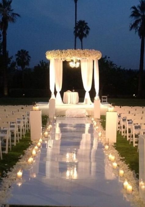 Night Wedding Ceremony, Outdoor Night Wedding, Romantic Wedding Setting, Outdoor Wedding Lighting, Aisle Decorations, Romantic Wedding Receptions, Lights Decor, Garden Ceremony, White Chairs