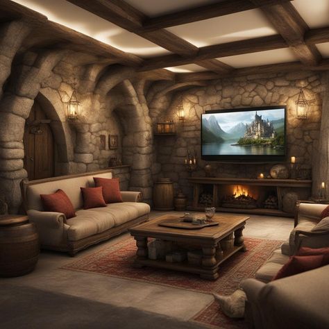 Fantasy tavern inspired living room design created by AI Medieval Inspired Living Room, Tavern Room Ideas, Dnd Living Room, Fantasy Basement, Tavern Basement, Medieval Living Room, Tavern Room, Fantasy Tavern, Hobby Room Design