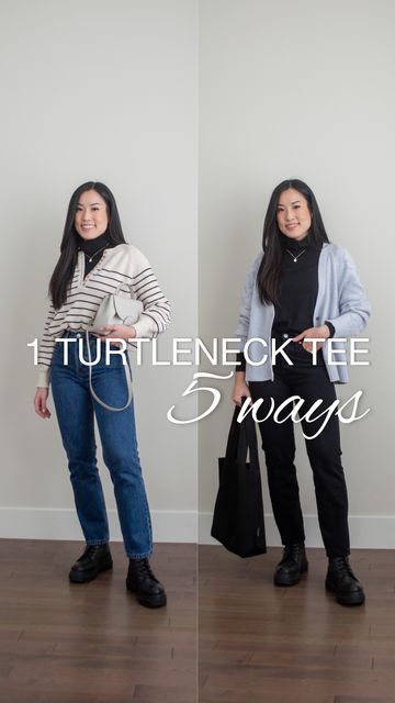 Sharon ♡ minimal fashion + intentional living on Instagram: "1 turtleneck tee, 5 ways ✨ Styling the @tradlands Monty turtleneck in black 5 different ways - did you catch all the looks and which one is your favourite? 🥰 I’m all for comfortable, stretchy turtleneck tees, both on its own and as a wonderful layering piece (as evident by all these outfits!). And after getting one in their storm colourway last year, I knew I had to have it in other (basic) colours 🖤 If you’ve been eyeing the Monty turtleneck, I encourage you to checkout @tradland’s first Holiday Happenings, where you can get it free with the purchase of a Shelter Cardigan! Just use code FREEMONTY - check out my link in bio under “affiliate links and discount codes” for the link to shop 🤍 #tradlandswornwell #turtleneckstyle #f Styling A Black Turtleneck, Turtle Neck Tshirt Outfits, Turtleneck Layering Outfit, Turtle Neck Outfit Layers, Turtleneck Outfits, Turtleneck Layering, Turtle Neck Style, Basic Colours, Turtleneck Outfit