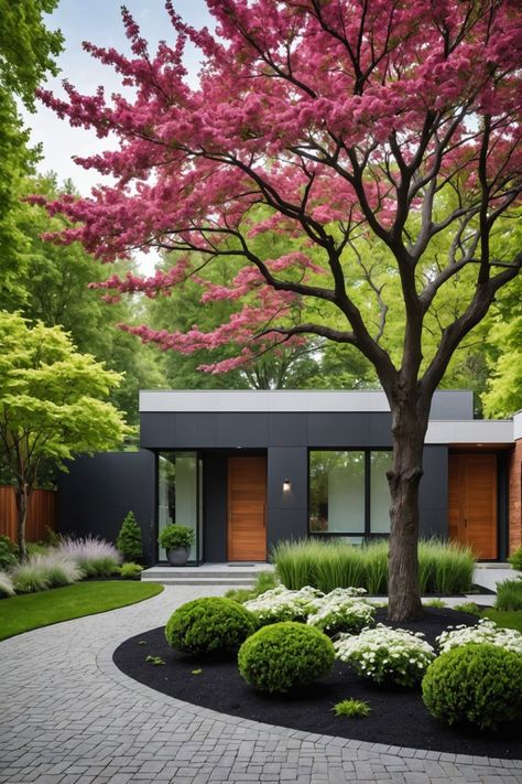 20 Modern Front Yard Landscaping Ideas - Toolz Geek Modern Front Landscape Design, Midcentury Modern Landscape Ideas, Upscale Landscaping Ideas, Front Yard Mid Century Landscaping, Landscape Area Design, Best Front Yard Landscaping Ideas, Private Front Yard Ideas, Front Yard Landscaping Tennessee, Minimalistic Landscape Design