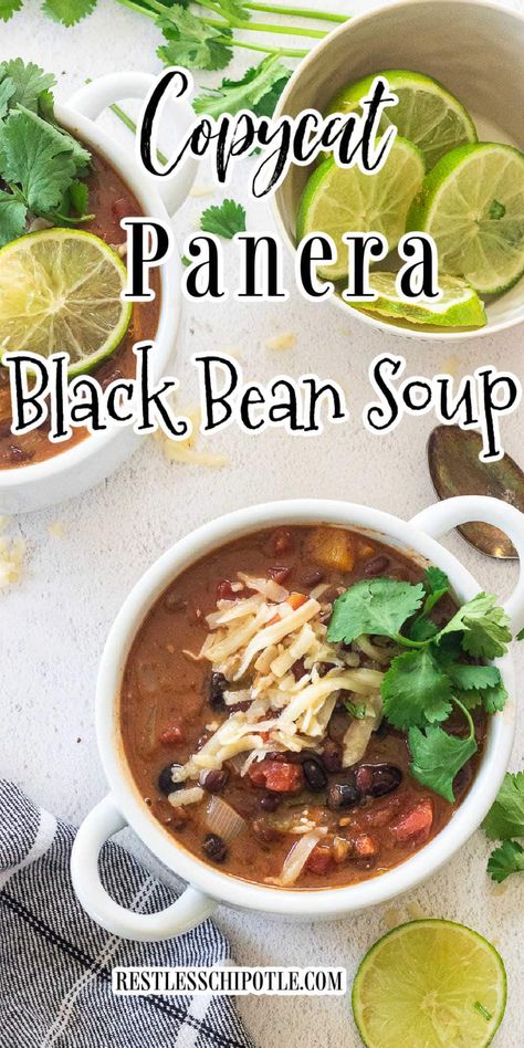 Black bean soup is full of vegetables and southwestern spices in a rich, thick broth you'll love. This vegan recipe is a copycat of the Panera Bread favorite and you can make it in your own kitchen in 30 minutes, or let it simmer all day in the Crockpot! Black Bean Crockpot Recipes, Panera Black Bean Soup, Black Bean Soup Recipe Crockpot, Black Bean Vegetable Soup, Panera Black Bean Soup Recipe, Copycat Panera Black Bean Soup, Canned Black Bean Soup Crock Pot, Panera Bread Black Bean Soup, Cuban Black Bean Soup Authentic