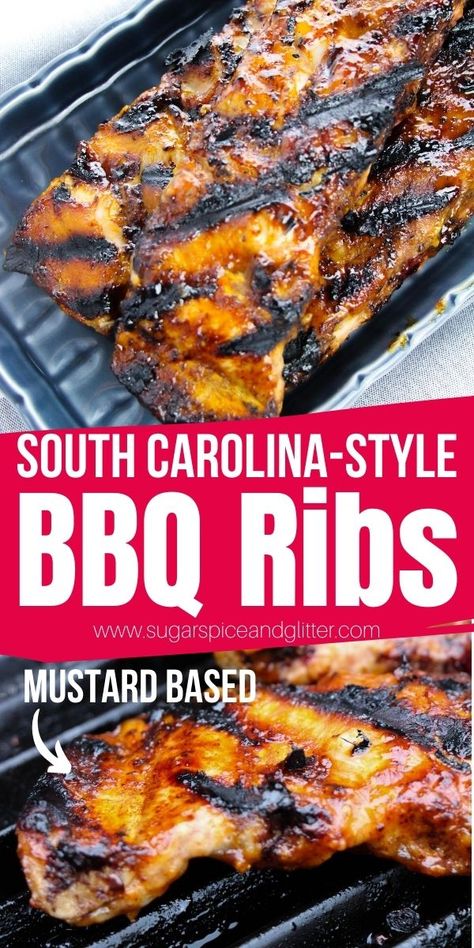 South-Carolina BBQ Ribs: Mustard-Style ⋆ Sugar, Spice and Glitter Mustard Marinade For Pork Ribs, South Carolina Bbq Sauce, Carolina Gold Bbq Sauce, Bbq Rib Sauce, Mustard Based Bbq Sauce, Gold Bbq Sauce, Bbq Grilled Chicken Recipes, Carolina Bbq, Bbq Sauce Ingredients