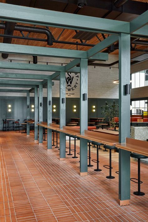 » Sou’West Brewery by Ewert Leaf Terracotta Tile Floor, Terracotta Flooring, Brewery Design, Terracotta Floor, Beer Hall, Canopy Frame, The Local Project, Brick Flooring, Food Hall