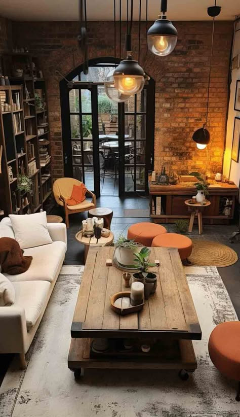 Embark on a journey through an industrial loft with an exposed brick living room showcasing the raw beauty of concrete floors, steel accents, and a palette of industrial greys and muted earth tones. Dive into the urban-cool vibe at Nymphs Daily Blog. Industrial Brick Wall Living Room, Brick Living Room Wall, Exposed Brick Decorating Ideas, Brick Loft Apartment Decor, Exposed Brick Office, Earth Houses, Rustic Industrial House, Urban Living Room Ideas, Exposed Brick Walls Living Room