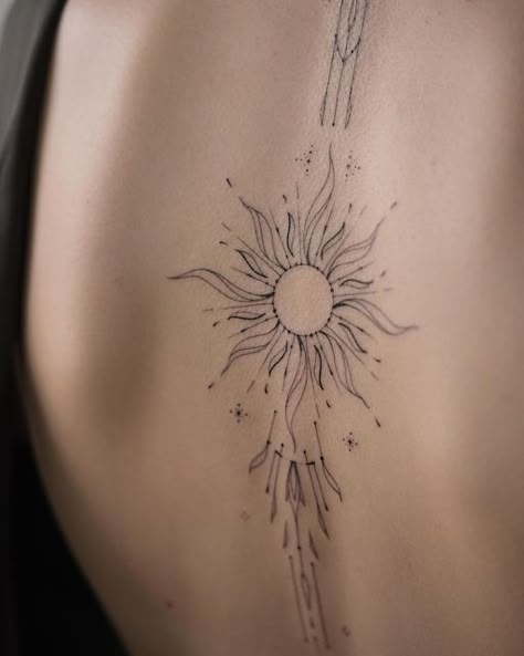 Back Sun Tattoo Spine, Woman Holding Sun Tattoo, Solar Spine Tattoo, Flaming Sun Tattoo, Single Needle Sun Tattoo, Sun On Back Tattoo, Sun Thigh Tattoos Women, Feminine Sun Tattoo, Back Tattoo Sun