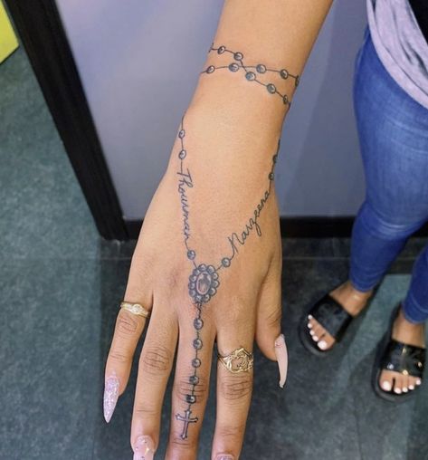 Rosary Tattoo Around Arm, Rosery Tattoos On Hand Women, Rosery Tattoos On Hand, Rosary Tattoo On Hand, Rosary Tattoo, Belly Tattoos, Orchid Tattoo, Hand Tattoos For Girls, Cute Hand Tattoos