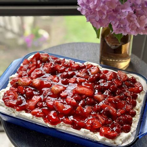 A baking dish of cherry berry on a cloud dessert. Cloud Dessert, Canning Cherry Pie Filling, Canned Cherries, Make Ahead Desserts, Strawberry Slice, Cherry Pie Filling, Cream Of Tartar, Cherry Pie, Baking Dish