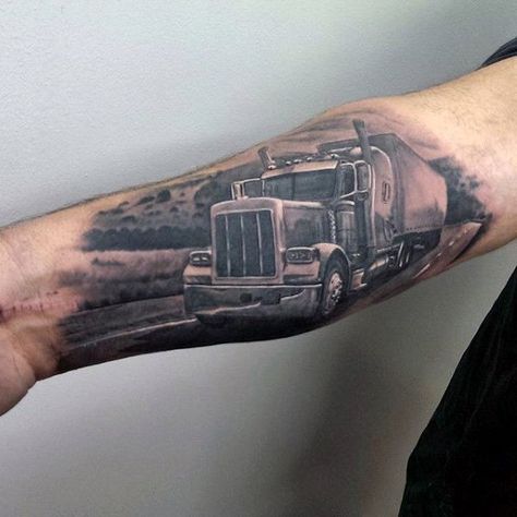 Realistic Inner Forearm Guys 3d Semi Truck Tattoo Design Ideas Truck Tattoos For Men, Semi Truck Tattoo, Truck Tattoos, Trucker Tattoo, Humble Tattoo, Elk Tattoo, Tattoos For Dad Memorial, Truck Tattoo, Clown Tattoo