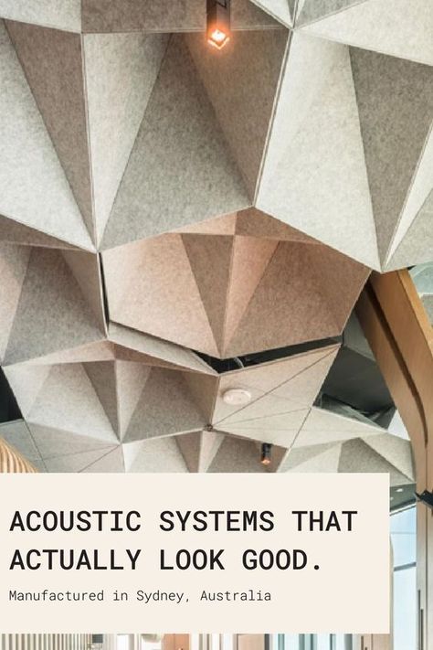 Acoustic Panels from Auralex Geometric acoustic ceiling panels with text: Acoustic systems that actually look good. Manufactured in Sydney, Australia. | Sky Rye Design Ceiling Sound Panels, Acoustic Room Divider, Triangle Interior Design, Recording Studio Design Ideas, Home Recording Studio Design, Ceiling Panel Design, Acoustic Ceiling Design, Listening Bar, Felt Panels