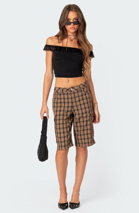 A laid-back skater vibe meets Y2K glamour in plaid cargo shorts cut with a lower rise and a longer inseam. 95% polyester, 5% spandex Machine wash, dry flat Imported Lace Tops, Cargo Bermuda Shorts, Fairy Clothes, Lace Ruffle, Off Shoulder Tops, Patterned Shorts, Plaid Pattern, Model Height, S Models