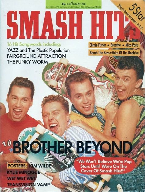 80s pop band Brother Beyond on the front cover of Smash Hits magazine in August 1988. Smash Hits Magazine, Transvision Vamp, Magazine Cover Page, On My Knees, Film Dvd, Pop Magazine, Pop Posters, Uk Music, British Invasion