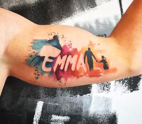 Emma Name Tattoo, Emma Tattoo, Emma Name, Name Tattoo Design, Mo Ganji, Pretty Watercolor, Lettering Tattoo, Religious Tattoos, Star Wars Tattoo