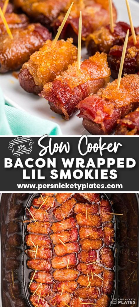 Bacon Wrapped Little Smokies are a crowd favorite and the best part is, you only need FOUR ingredients to make this easy appetizer in the crock pot. Lol Smokies Wrapped In Bacon, Crockpot Smokies And Meatballs, Little Smokies And Bacon Appetizers, Slow Cooker Bacon Wrapped Smokies, Slow Cooker Smokies, Appetizer Recipes Slow Cooker, Crock Pot Bacon Wrapped Smokies, Lol Smokies Crockpot, Bacon Wrapped Little Smokies Crockpot