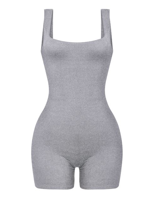 ✩ STUNNING, HIGH QUALITY, CLOSET STAPLE ✩ buttery double layered material ✩ slight compression, body hugging but stretchy ✩ scoop back with square neck detailing ✩ 96% polyester 4% spandex model deatings: wearing size: small | weight: 125lbs | bust: 34D | height 5'6 Grey Unitard Outfit, Body Suit Outfits Black Women, Unitard Outfit, One Piece Outfit Jumpsuit, Cute Two Piece Outfits, Plain Jumpsuits, Body Outfit, Body Suits, Stylish Summer Outfits