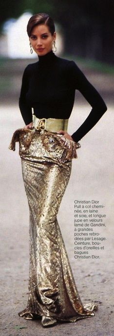 Christian Dior Gold Mermaid Style Skirt..luv it with the Black Top 80s Fashion Editorial, Jacques Fath, Mode Tips, Original Supermodels, Helena Christensen, Steven Meisel, Gianfranco Ferre, Linda Evangelista, Christy Turlington