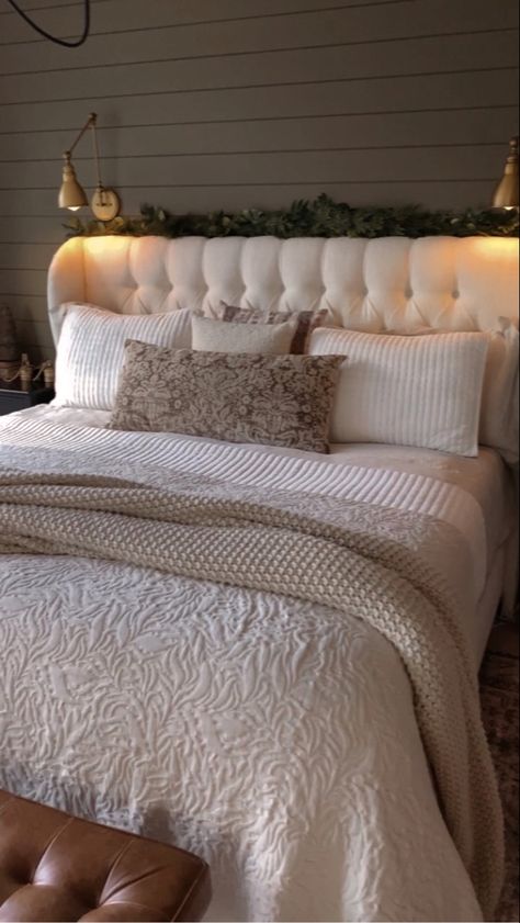 Beige Bed Ideas, Cozy Winter Bedroom, White Quilt Bedding, Beige Headboard, Beige Bedroom Decor, Bedroom View, Fancy Bedroom, White Bedspreads, Winter Bedroom