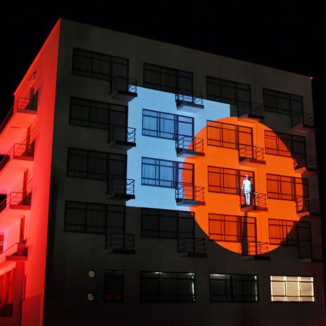 Façade Projection | Dessau, Germany, 2009. BAUHAUS celebrating its 90th anniversary with a projection mapping on Prellerhaus façade. Creativity Video, Projection Installation, 3d Mapping, Facade Lighting, Entrance Sign, Interactive Installation, Architectural Lighting, Projection Mapping, Map Design