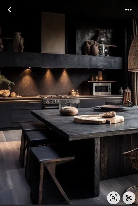 Earthly Home Decor, Black Rustic Decor, Industrial Interior Design Kitchen, House Styles Modern, Modern Goth, Mediterranean Interior Design, Mediterranean Interior, Island Table, Dark Design