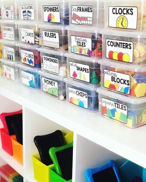 Student Supply Center, Student Station, Preschool Organization, Math Manipulative, Classroom Organization Elementary, Teaching Organization, Kindergarten Classroom Decor, Bin Labels, Elementary Classroom Decor