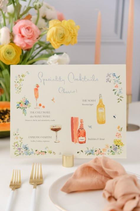 Summer Garden Wedding Invitations, Specialty Cocktail Sign, Whimsical Garden Party Wedding, Colorful Table Setting Wedding, Garden Wedding Details, Garden Party Cocktails, Spring Wedding Invites, Colorful Flatlay, Wedding Specialty Cocktails