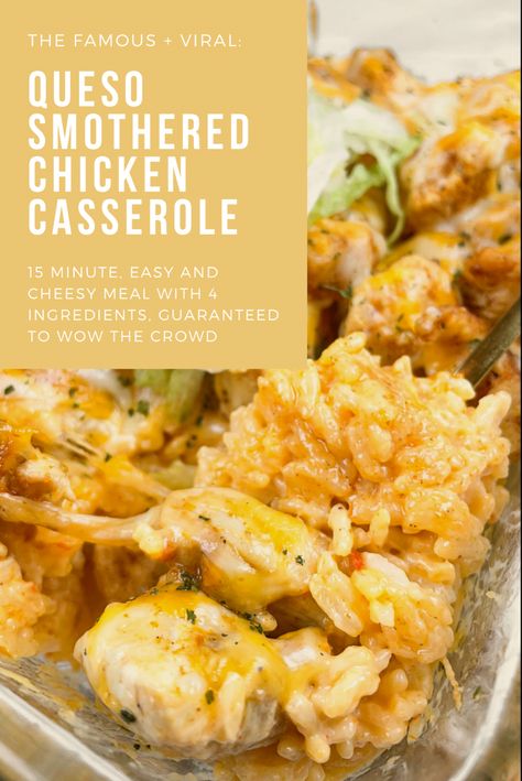 This is my FAMOUS and VIRAL queso smothered chicken casserole. It takes about 15 minutes to make and combines just 4 ingredients for this cheesy, quick and easy, chicken casserole. Queso Smothered Chicken, Smothered Chicken And Rice, Mexican Chicken And Rice Casserole, Smothered Chicken Casserole, Cheesy Mexican Chicken, Mexican Chicken And Rice, Chicken And Rice Casserole, Smothered Chicken, Mexican Chicken