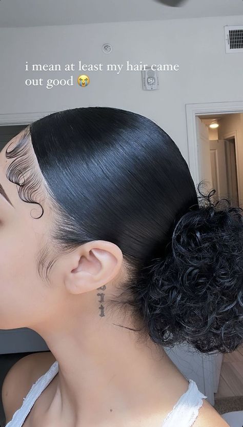 Braids For Natural Hair Protective, Sleek Hairstyles Natural Hair, Slick Hairstyles Natural Hair Curly, Slick Hairstyles Baddie Curly Hair Short, Hairstyles W Edges, High Bun With Edges, Slick Hairstyles Baddie Short Hair, Slick Curly Hairstyles, Middle Part Slick Back Bun