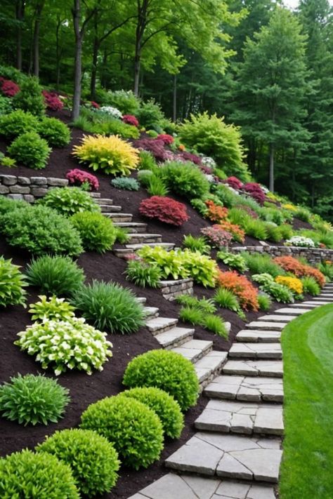 Define seating areas with weather-resistant outdoor rugs that add color and texture to your backyard. Landscaping For Sloped Backyard, Bank Landscaping Ideas, Slopped Landscape Ideas Backyard, Hill Garden Ideas, Sloped Front Yard Landscaping Ideas, Landscaping A Hill, Sloped Garden Ideas Hillside Landscaping, Steep Slope Landscaping Ideas, Sloped Front Yard Landscaping