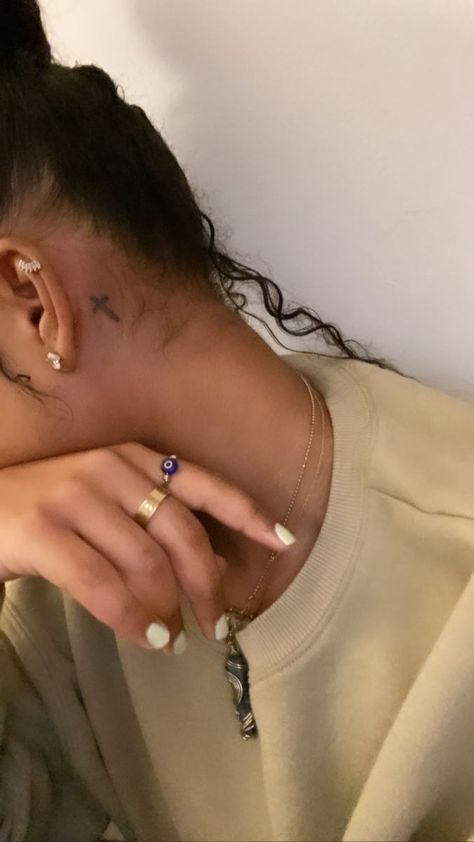 Tattoos Small Black Women, Small Tats Behind The Ear, Small Cute Neck Tattoos, Small Neck Tattoos Black Woman, Small Wrist Tattoos Black Women, Small Hidden Tattoos Black Women, Red Cross Neck Tattoo, Cross Behind Ear Tattoo Black Women, Behind Your Ear Tattoos