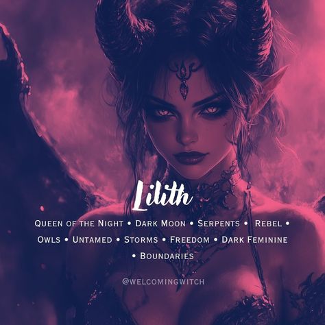 These traits make Lilith a complex and powerful figure, symbolizing both the fierce, independent spirit of women and the mystery of the unknown. She continues to be a symbol of feminine strength, autonomy, and the dark, shadowed aspects of existence. . . . . . . . . . #witchlife #witchesofinstagram #moonmagick #witch #witchcraft #pagan #spiritual #Spirituality #witchytips #witchyaesthetic #babywitch #modernwitch #greenwitch #magickaltools #beginnerwitch #magickalsupplies #witchy #witchtok #wi... Lilith Colors, Lilith Deity, Lilith Witchcraft, Lilith Alter, Dark Goddess Aesthetic, Lilith Core, Mother Lilith, Lilith Aesthetic, Lady Lilith